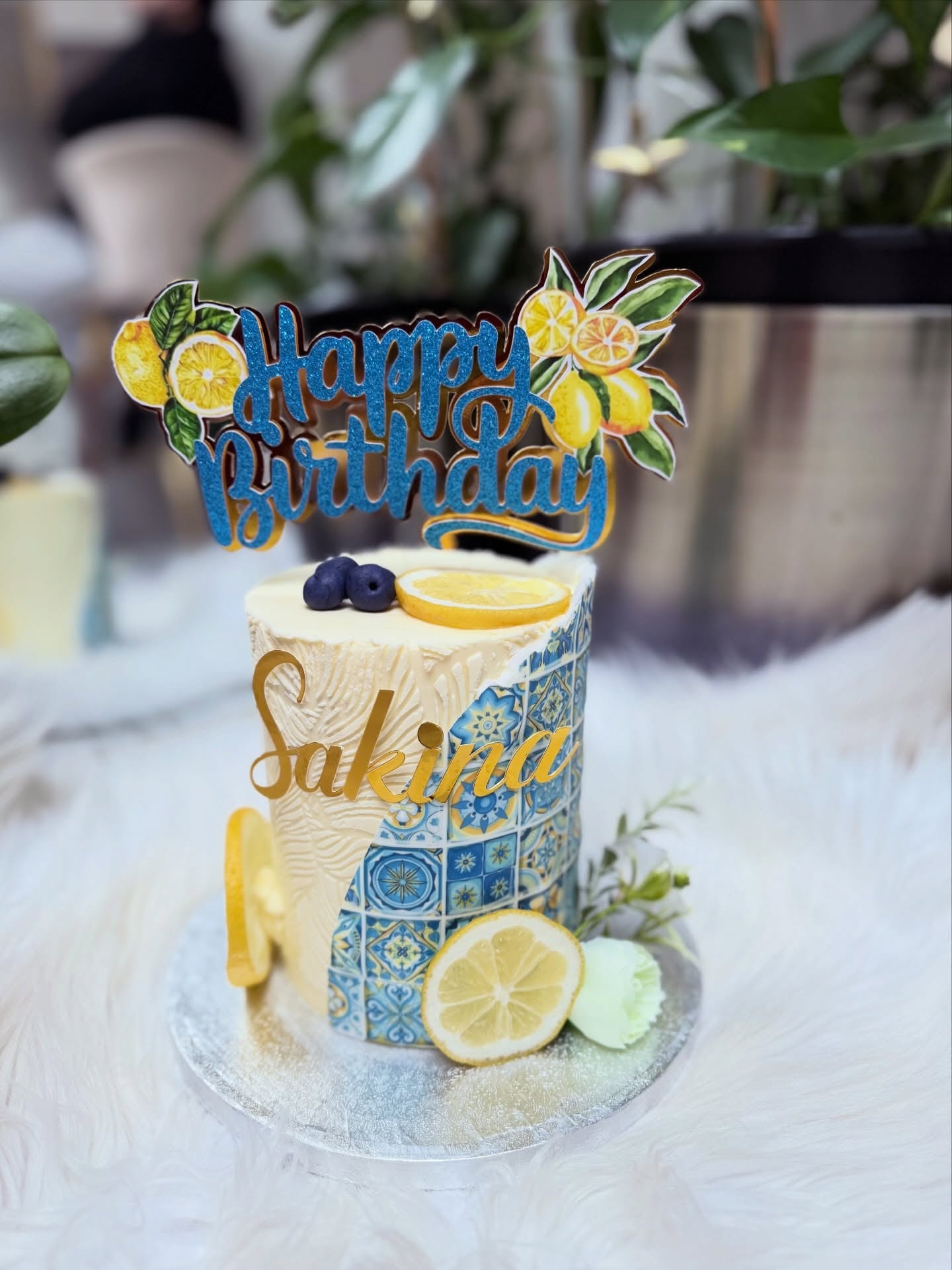 Lemon & Blue Tile Birthday Cake