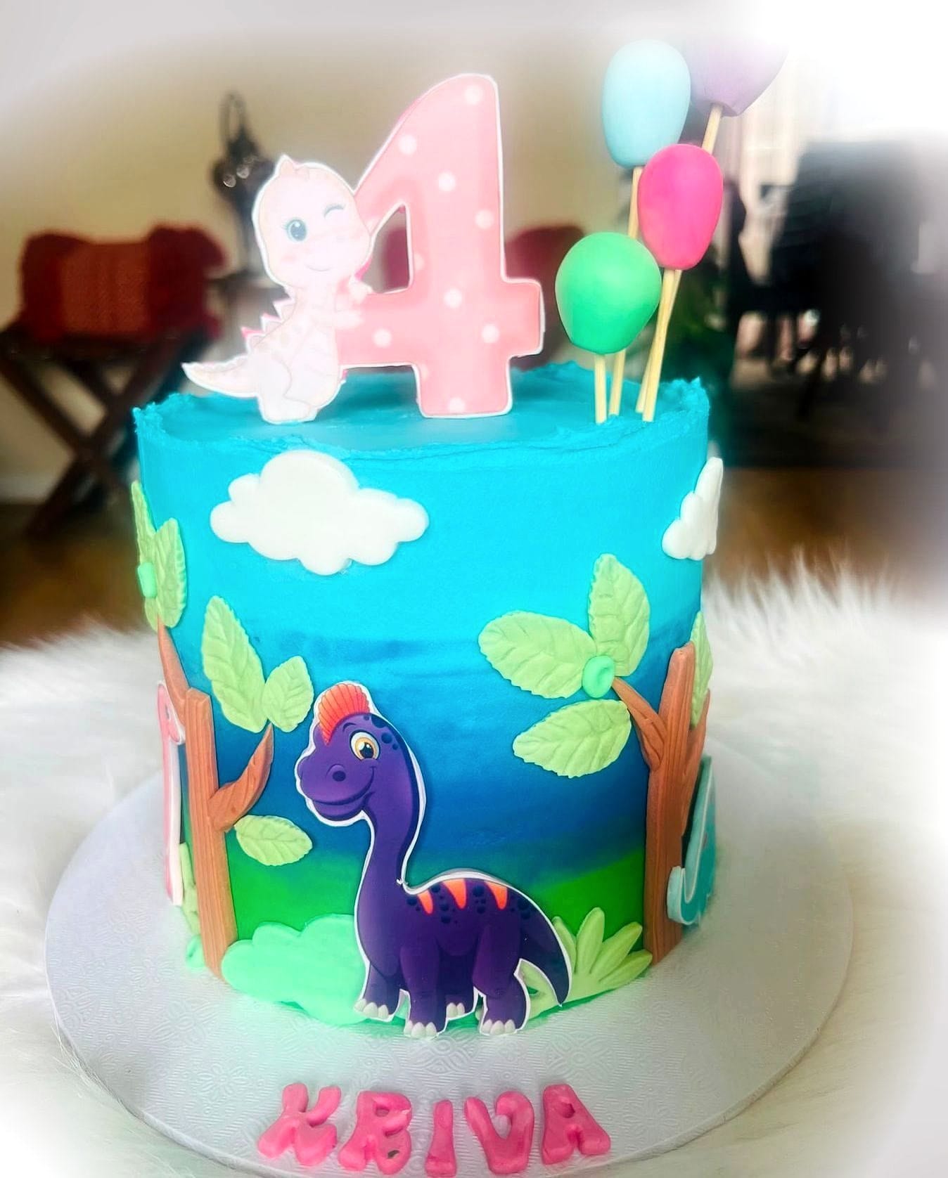 Dinosaur Adventure Birthday Cake by SpongyBakes — A painted sky cake with fondant dinosaurs, foliage and balloon toppers.