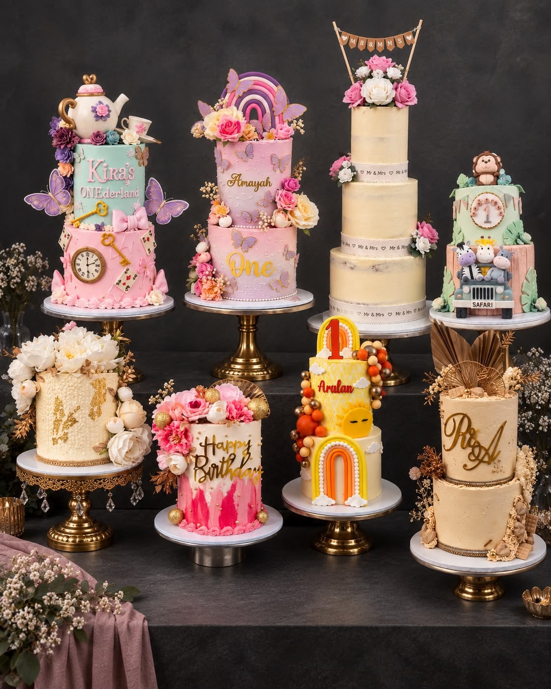 A collection of SpongyBakes celebration cakes arranged together on cake stands