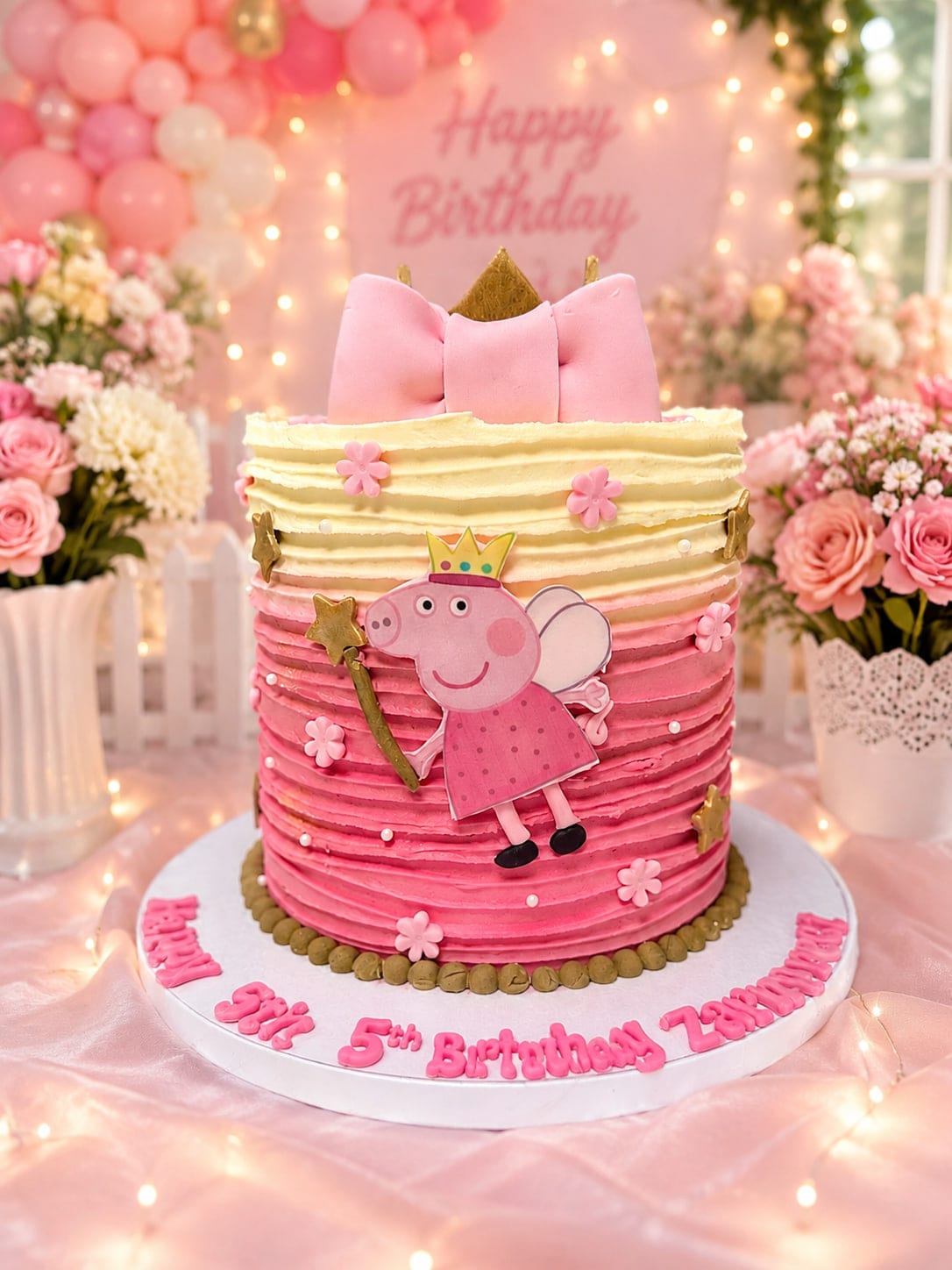 Tall pink ombré buttercream birthday cake with a fondant bow, gold crown, flower accents and a printed character topper